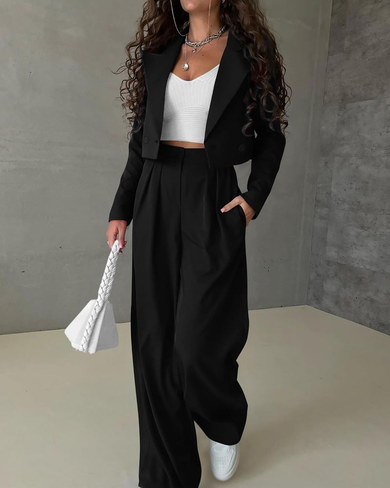 KIRUNDO Business Casual Outfits for Women 2025 Fall 2 Piece Cropped Blazer Jackets Wide Leg Pants Suit Sets Work Clothes - Image 4